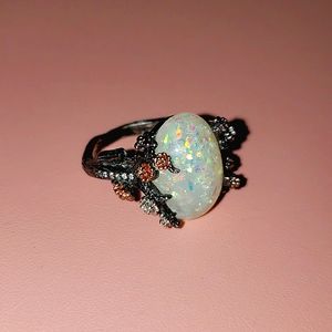 Opal Gemstone with Tree Branches and Blossoms Ring
